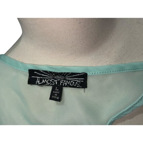 Almost Famous Womens Sheer Back Striped Long Sleeve Top Sz Large Gray & Mint Lig - Picture 4 of 10